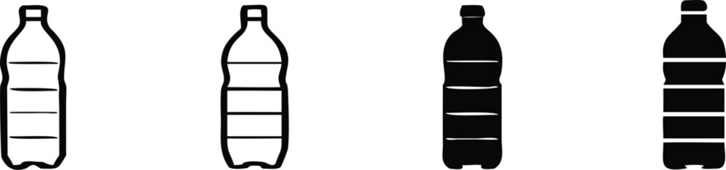 Illustration of plastic water bottles in varying states of fullness, showcasing different levels of liquid content and their simple, minimalist design 
