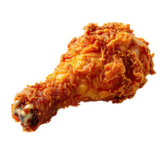Crispy fried chicken drumstick, golden-brown, textured crust, slight sauce drizzled at base, isolated on black