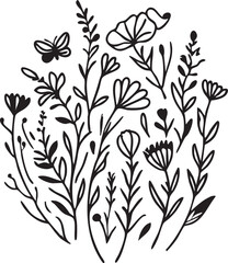 Black and white floral vector illustration: botanical flowers and butterfly design eps silhouette