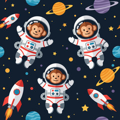 Happy astronaut monkeys explore space with rockets and colorful planets Fun adventure pattern