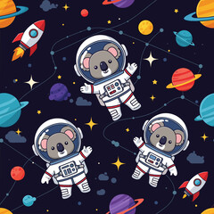 Cute koala astronauts rockets and planets in a vibrant space scene Kids adventure theme