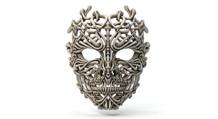 Naklejka premium Intricate ornate mask with a skull-like face, crafted from interwoven metallic filigree against a clean white background