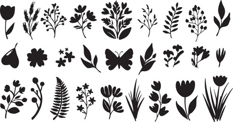 Black and white floral vector pack: botanical silhouettes, flower clipart, leaf illustrations eps