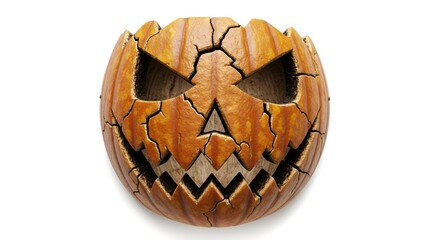 Cracked Halloween Jack-o-Lantern with Spooky Face on White Background