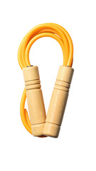 A yellow jump rope with light wooden handles, coiled neatly, isolated on a black background