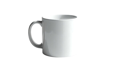 A plain white ceramic mug with a C-shaped handle, shown against a black background.  It's cylindrical and appears smooth, clean, and empty