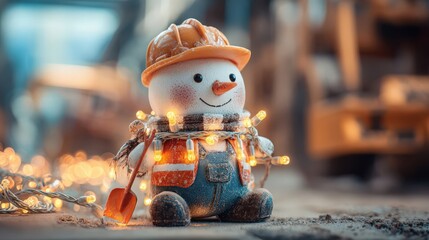 A cheerful snowman wearing a construction hat and overalls, surrounded by glowing fairy lights. The scene conveys a festive winter atmosphere.