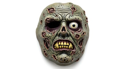 Terrifying green zombie monster mask with rotting flesh, a single bulging eye, and menacing yellow teeth, isolated on a clean white background for Halloween horror concepts