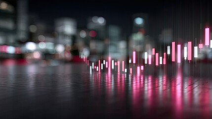 Stock Market Candlestick Chart with Pink Highlights Against Blurred Cityscape at Night