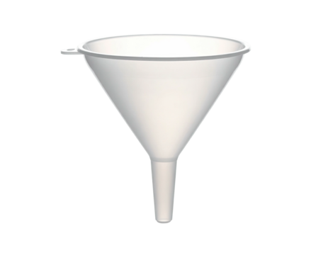 A simple, white plastic funnel with a short stem and a small lip.  It's a common household or laboratory item