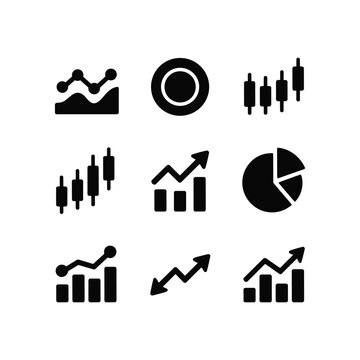 Collection of diverse financial and business chart icons showing growth trends and analysis