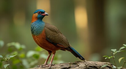 Obraz premium Colorful Himalayan Monal Bird Perched on Log in Lush Forest.