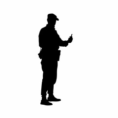 Parole officer silhouette installing gps tracker on white background silhouette
