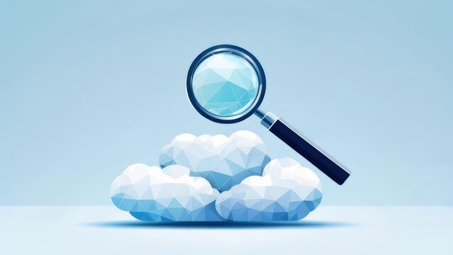 Magnifying glass examines stylized geometric clouds, symbolizing data discovery and cloud technology analysis.