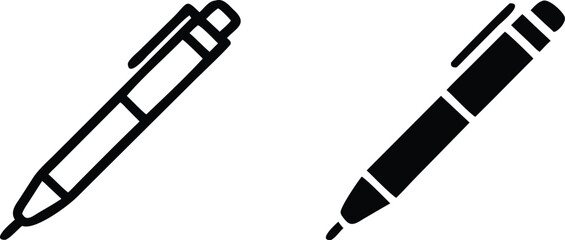 Vector art of two pen icons isolated on white background, one outlined and one solid black, showcasing different styles for writing, drawing, or office use in a minimalist and modern design