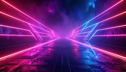 Abstract perspective view of neon pink and blue lines converging on a reflective surface with a smoky, atmospheric background.