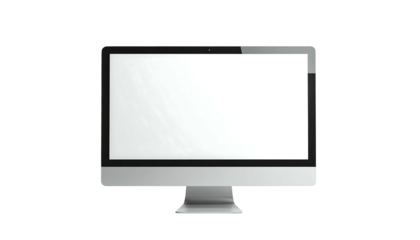 Sleek silver desktop computer with a blank white screen, angled slightly, isolated on a black background