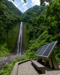Solar Panel System by Majestic Waterfall in Lush Green Forest. Mock up promotion information for marketing announcements and details, blank white space.