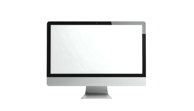 Sleek silver desktop computer with a blank white screen, angled slightly, isolated on a black background