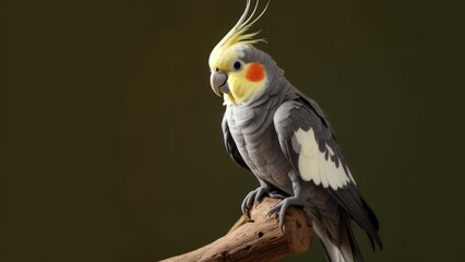 Fototapeta premium Stunning cockatiel perched on a branch displaying its vibrant yellow crest and soft grey feathers in a natural setting