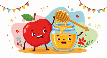 Fototapeta premium Happy apple and honey jar celebrating Rosh Hashanah together 