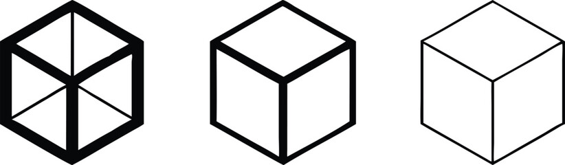 Vector art of geometric cube illustrations isolated on white background, showcasing different perspectives and styles, perfect for design, mathematics, and abstract representation in various