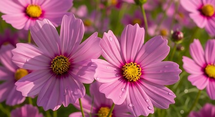 Obraz premium Close up of pink cosmos flowers in a field.