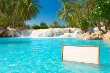 Blank White Sign in Turquoise Pool with Waterfall Backdrop. Mock up promotion information for marketing announcements and details, blank white space.