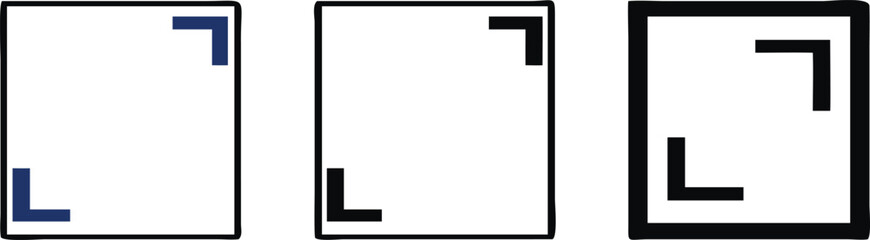 Three minimalist square corner icons in blue, black, and outlined black, perfect for design, UI, or graphic elements symbolizing borders, frames, or selection areas. 