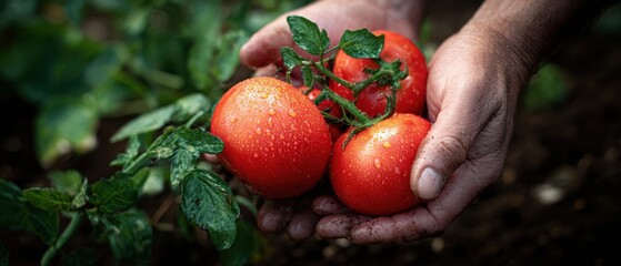 The Tomatoes in Hands: Rustic Harvest Palette, Fresh Garden Produce, Vibrant Red Orbs
