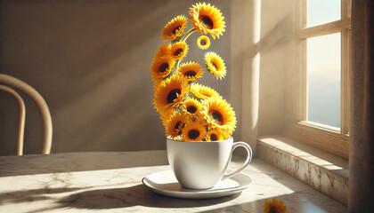 Sunlit sunflowers blooming from a white ceramic cup on a marble table by the window — minimalist, cozy still life with golden hour light. Home decor, posters, editorial, lifestyle, branding background