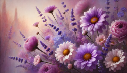 Dreamy bouquet of pink and purple flowers with lavender and daisies in soft pastel tones. Elegant floral background with bokeh, perfect. Wedding invitations, greeting cards, packaging, romantic design