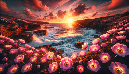 Breathtaking seascape at sunset with glowing pink flowers along rocky cliffs, waves crashing in golden light. Travel posters, fantasy landscapes, website banners, wallpapers, and editorial design.