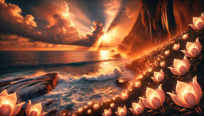 Epic cinematic seascape at golden hour—crashing waves, rocky cliffs, sun rays, glowing flowers. Perfect hero image for posters, travel ads, website banners, wallpapers, inspirational fantasy artwork.