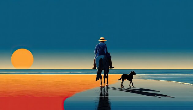 A man on horseback, a dog by his side, at sunset on a beach