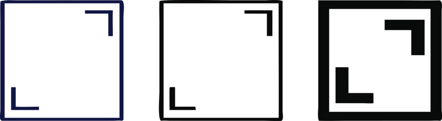 Three minimalist square corner icons in blue, black, and outlined black, perfect for design, UI, or graphic elements symbolizing borders, frames, or selection areas. 