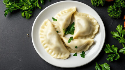 White plate of homemade pierogi dumplings garnished with fresh parsley on a dark textured background, overhead studio shot conveying rustic Eastern European comfort food