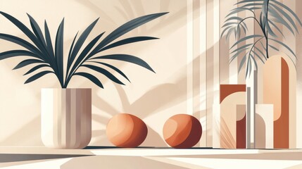Obraz premium Elegant Interior Still Life with Plants Geometric Shapes and Soft Light