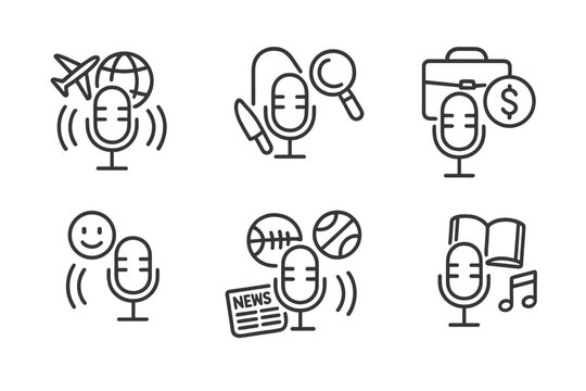 Podcast icons for travel, cuisine, business, sports, news, and music