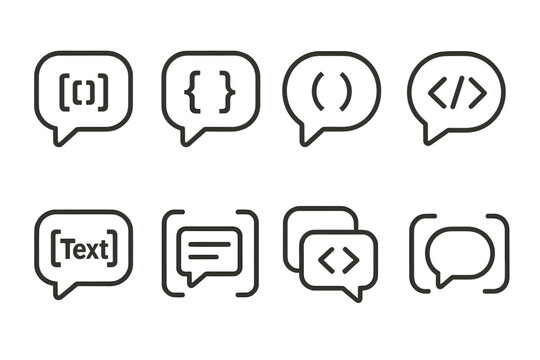 Set of speech bubbles with code and text symbols - outline icon collection