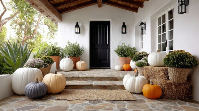 Cozy autumn porch decorated with various pumpkins and potted plants, featuring a welcoming entrance with stone steps and rustic wooden beams, creating a warm seasonal atmosphere for fall