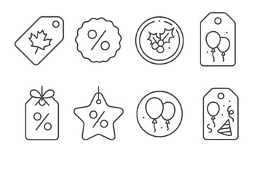 Holiday and celebration icon set with tags, percentages, balloons, and seasonal symbols
