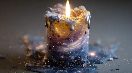 A surreal candle with galaxies melting as wax, dreamlike illustration