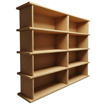Empty wooden bookshelf with multiple shelves isolated on transparent background