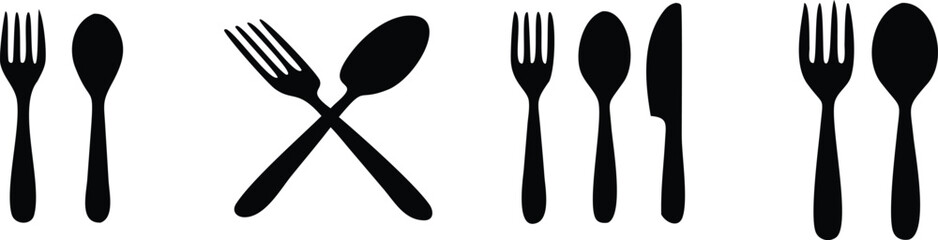 Vector art of a set of cutlery icons featuring forks, spoons, and a knife, arranged in various configurations, including crossed and sidebyside arrangements