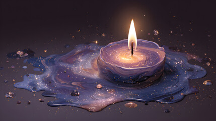 A surreal candle with galaxies melting as wax, dreamlike illustration