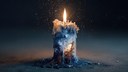 A surreal candle with galaxies melting as wax, dreamlike illustration