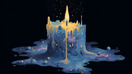 A surreal candle with galaxies melting as wax, dreamlike illustration