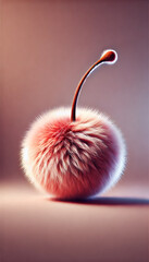 Surreal fluffy cherry on pastel coral — minimalist 3D render with photorealistic fur and clean background. Perfect for branding, posters, editorial and social media. Conceptual, whimsical, modern.