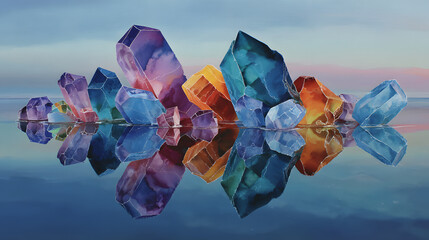 A surreal balance of floating crystal shapes dissolving into watercolor-like gradients